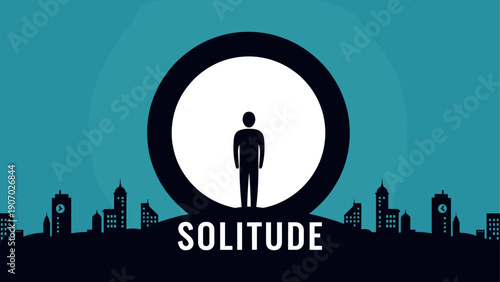 Solitary figure silhouette against cityscape symbolizing urban isolation