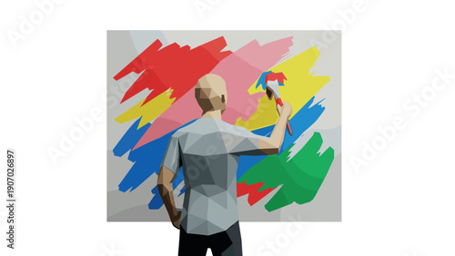 Polygonal art enthusiast painting colorful abstract canvas