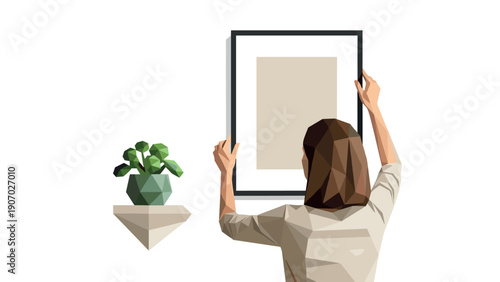 Geometric art gallery arrangement with abstract plant and framed artwork