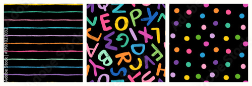 Colorful vector set with seamless patterns with the English alphabet, dots and stripes, Fun backgrounds with hand written capital letters and lines for kids designs