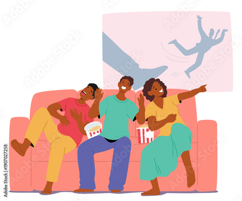 Happy family characters laughing loudly while watching comedy movie resting at home cartoon scene
