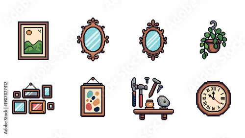 Retro pixel art home decor: vintage mirrors and tools collection