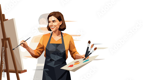 Geometric art painter creating masterpiece on canvas with dynamic shapes and colors