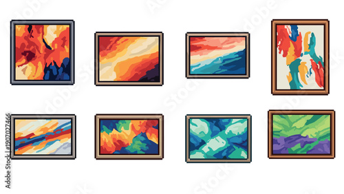 Colorful pixel art paintings in frames on white background