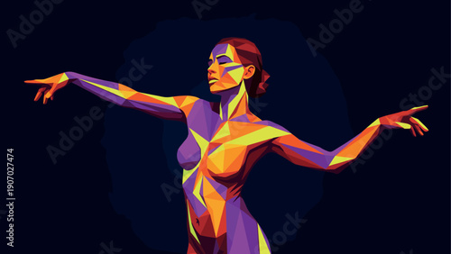 Vibrant geometric dance: colorful low poly art of graceful female form