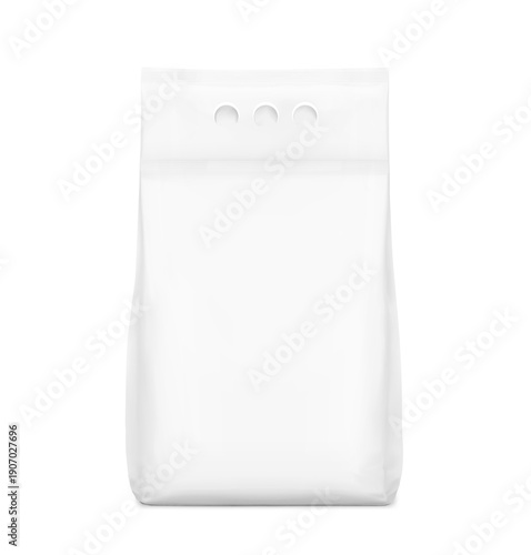 Realistic stand bag with three hole handle mockup for chemical products, cat litter, pet food. Front view. Vector illustration isolated on white background. Can be use for template your design. EPS10.