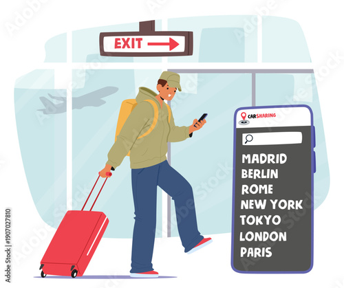 Young man with luggage at airport terminal using smartphone app to book a taxi or rideshare