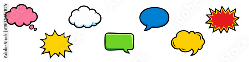 Set of colorful comic book speech bubbles, thought clouds, and starburst explosion shapes. Pop art style vector illustration on white background.