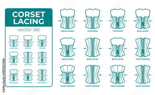 Corset Lacing Cinched-Waist Waist-Cinching Corset-Tightening Back-Lacing Waist-Training Corset-Back Vector Set - Waist Cinching