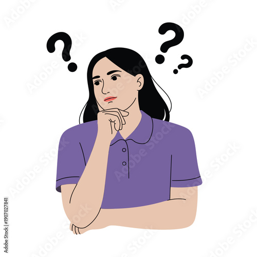A person contemplates with question marks hovering above their head.