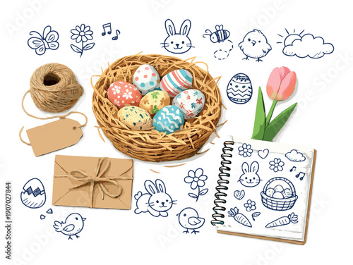 Vibrant easter egg arrangement with tulips and doodle decorations