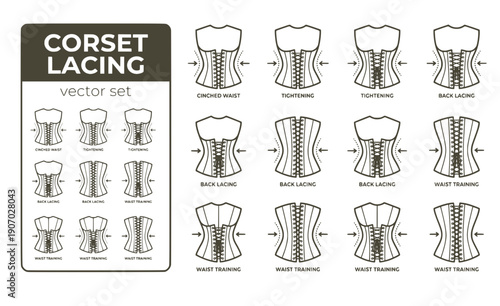 Corset Lacing Cinched-Waist Waist-Cinching Corset-Tightening Back-Lacing Waist-Training Corset-Back Vector Set - Waist Cinching