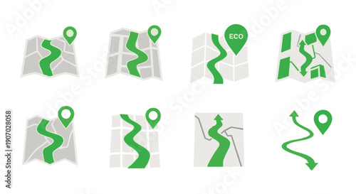 Green navigation map icons set with GPS location pins and winding path routes. Eco-friendly travel, journey planning, and success strategy vector symbols.