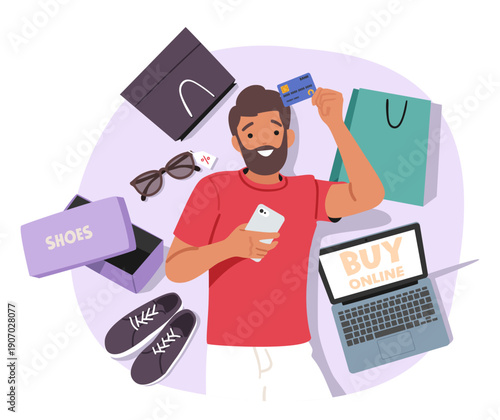 Young hipster man cartoon character buying goods online using credit card and laptop scene
