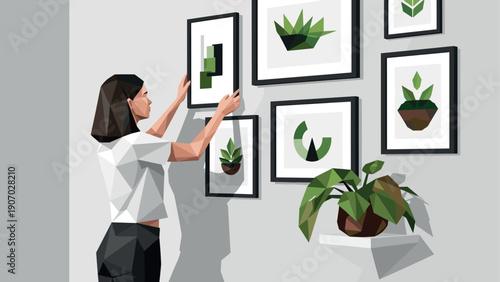 Modern geometric art display with indoor plants in polygonal style