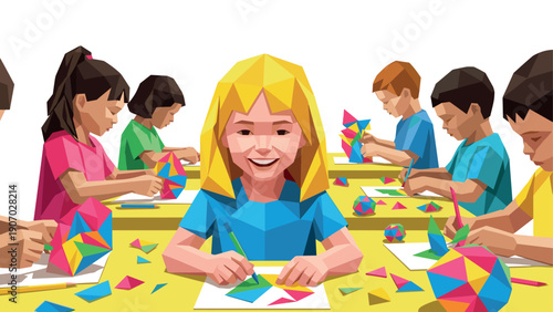 Colorful geometric art class: children engaged in creative paper craft activities