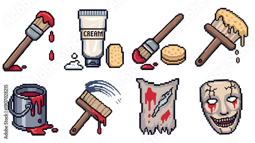 Pixel art halloween props: brushes, cream, and masks with blood