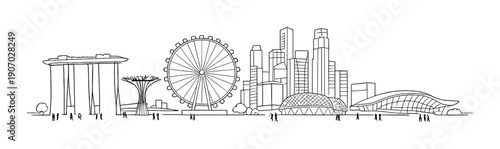 Line art city skyline featuring iconic modern architecture and landmarks