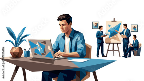 Geometric business teamwork concept with man working on laptop and colleagues collaborating