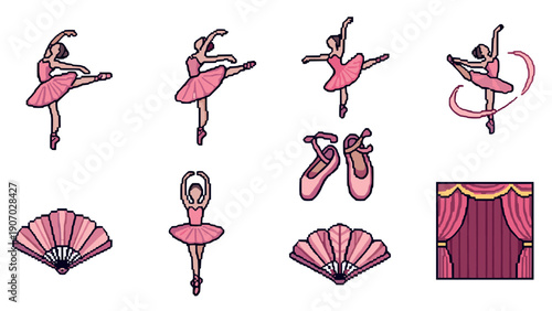 Charming pixel ballet icons: graceful dancers and dance accessories in retro style