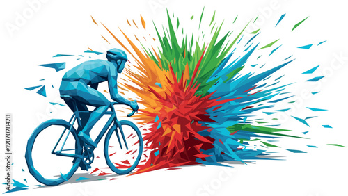 Dynamic geometric cyclist with vibrant abstract explosion in low poly art style