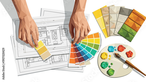Creative design process with architectural plans and color palettes in geometric style