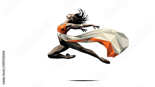 Dynamic low poly dancer leaping with flowing fabric in mid-air