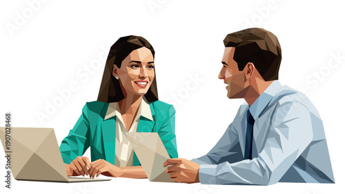 Low poly business meeting: professionals discussing work at office desk