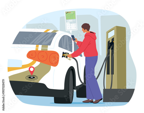 Driver at gas station refueling vehicle while using smartphone app to check the map, plan route