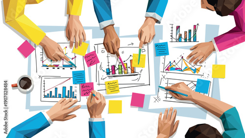 Collaborative teamwork analyzing business data with creative charts and graphs