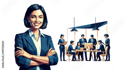 Business team meeting with confident leader in modern office environment