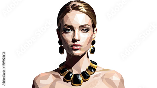 Geometric portrait of woman with luxurious jewelry in low poly style