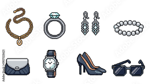Pixel art fashion accessories: jewelry, watches, and shoes