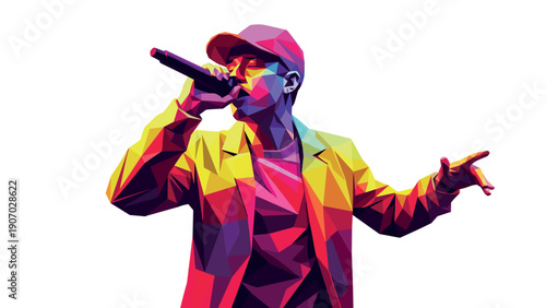 Colorful low poly singer performing on stage with microphone