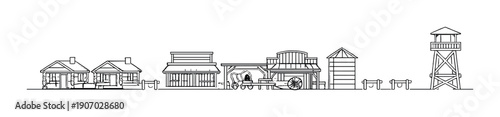 Outline of old western town with buildings and water tower