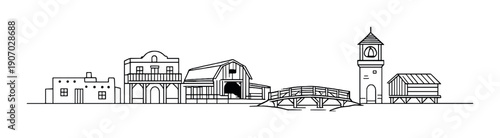 Black and white western town silhouette with barn and clock tower
