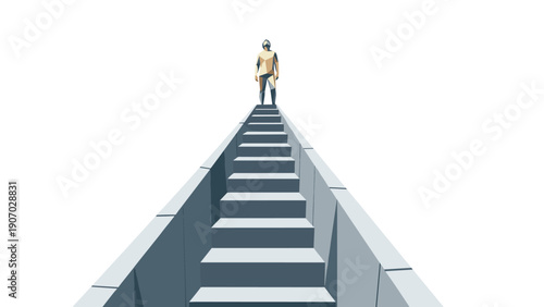 Futuristic minimalist person on geometric stairs