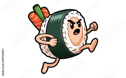 A cartoon sushi roll character with a determined expression is depicted running quickly showcasing a playful and energetic scene high-quality.