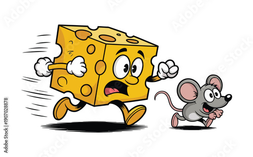 A cartoon illustration depicts a block of cheese with a face running away from a small cheerful mouse in pursuit.