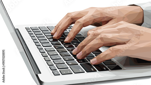 Geometric style hands typing on laptop keyboard
