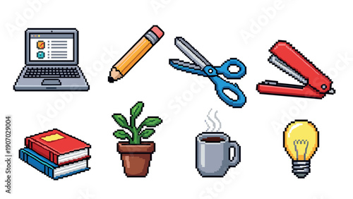 Retro pixel art office supplies and gadgets: technology and stationery designs