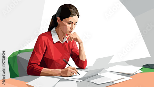 Polygonal style woman focuses on work at office desk