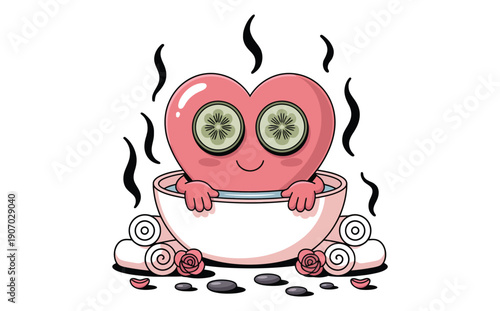 A cheerful heart shaped character relaxes in a teacup bath with cucumber eye patches and surrounding spa elements high-quality professional.