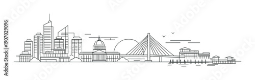 Minimalist city skyline with bridge and modern buildings at night