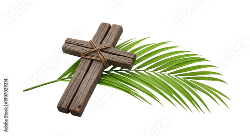 Wooden Christian cross made of twigs with green palm leaf, symbol of Palm Sunday, faith, Jesus Christ, Easter tradition, isolated on transparent background
