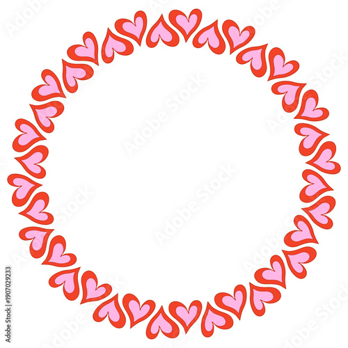 Cute Pink and Red Hearts Vector Circle Frame, Romantic Border for Valentine's Day Greeting Cards