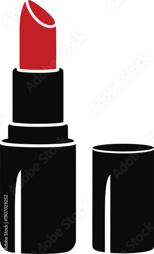 Red lipstick vector icon, black cosmetic tube with cap, beauty makeup product illustration, fashion glamor accessory isolated on white background, feminine.