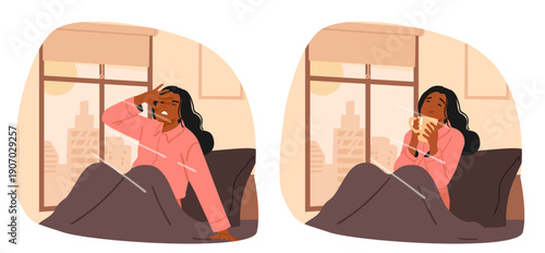 Vector illustration cartoon set featuring same female character with contrasting morning attitudes