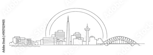 Modern city skyline outline with iconic landmarks and bridge