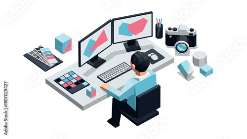 Isometric workspace of a digital designer with dual monitors and creative tools